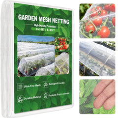 FEED GARDEN front view of netting roll showing dimensions and durable cover benefit