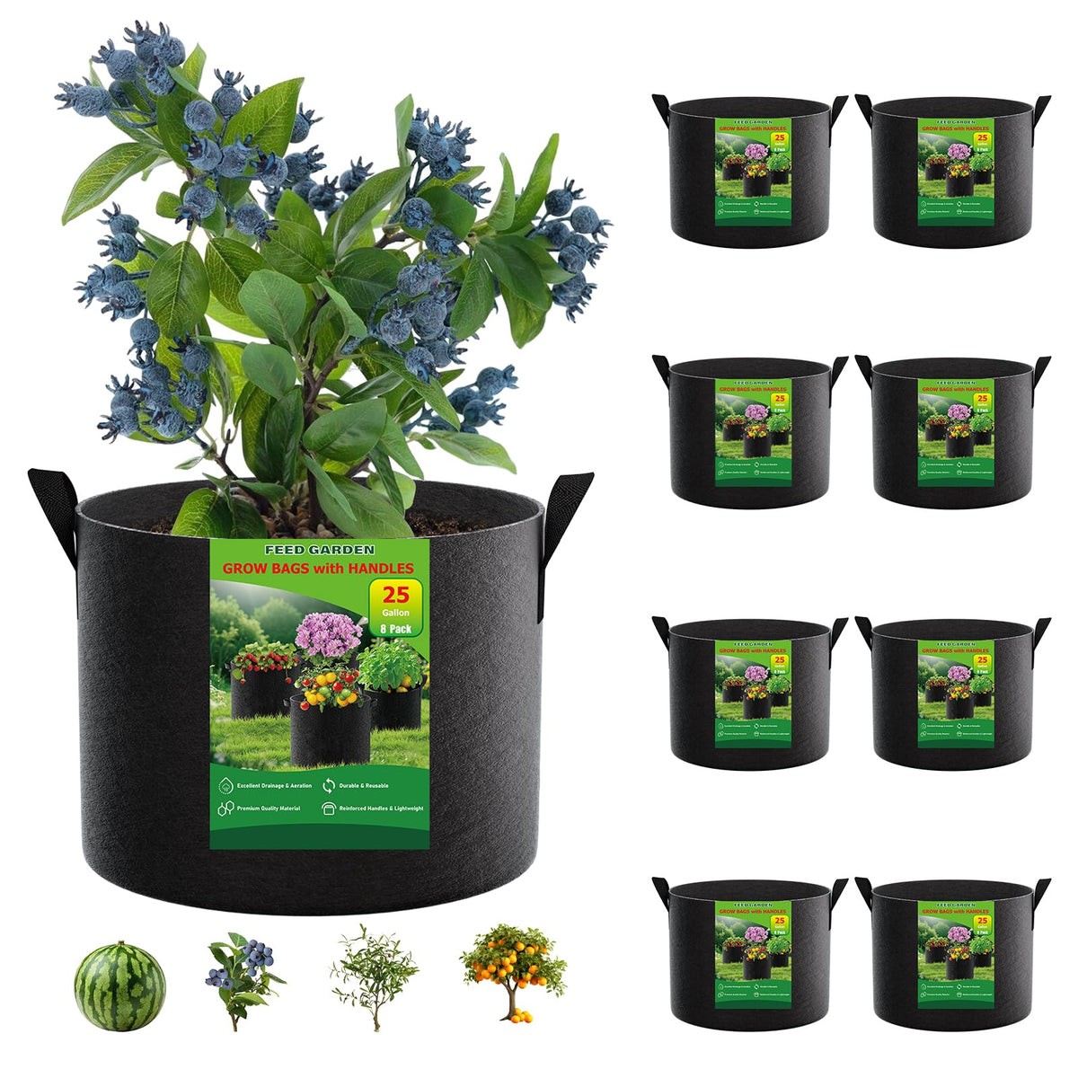 FEED GARDEN front view of eight 25 gallon bags showing sturdy construction and capacity
