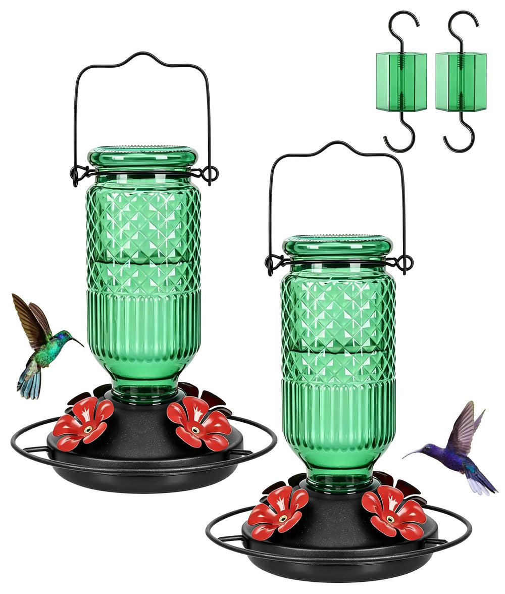 FEED GARDEN front view showing full 16oz glass feeder and green base, attracts multiple birds