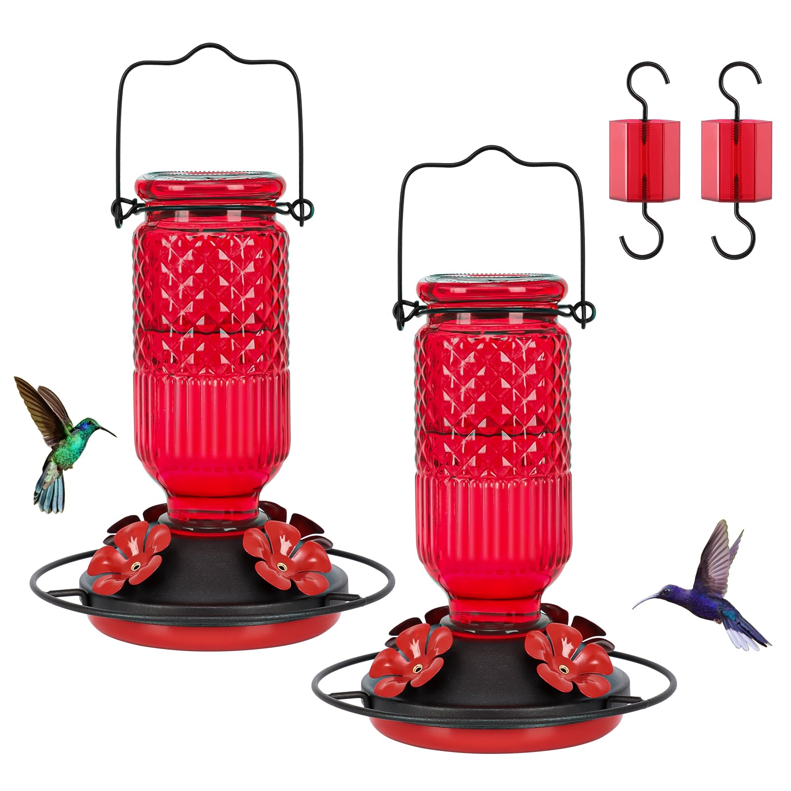 FEED GARDEN front view showing feeder attracting hummingbirds and easy setup
