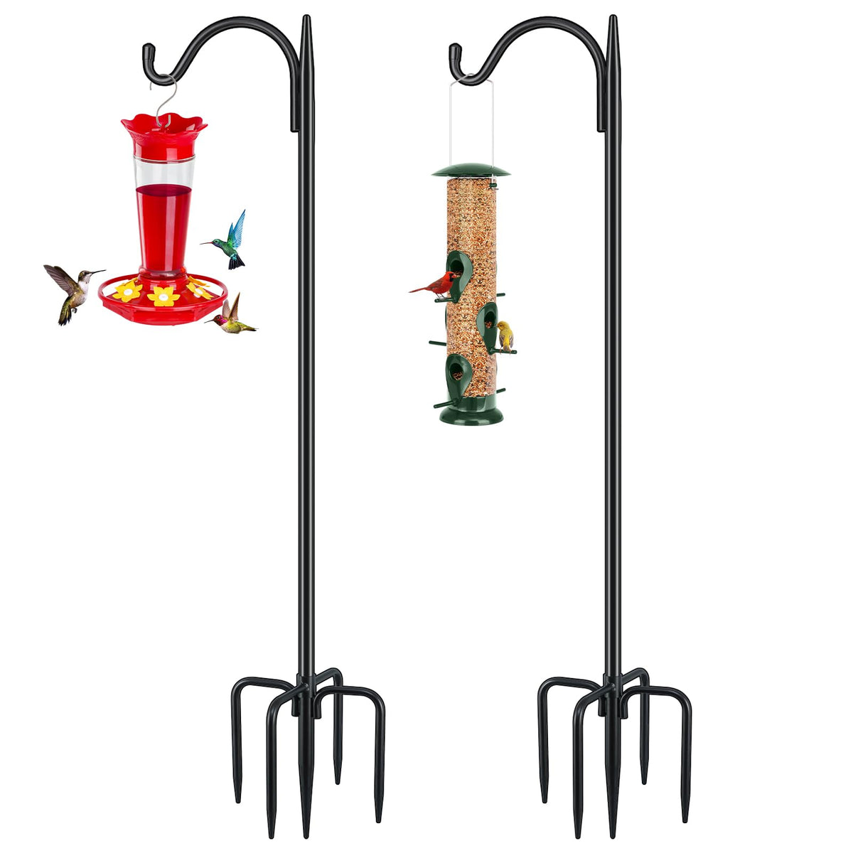 FEED GARDEN front view showing two assembled shepherd hooks and stable display
