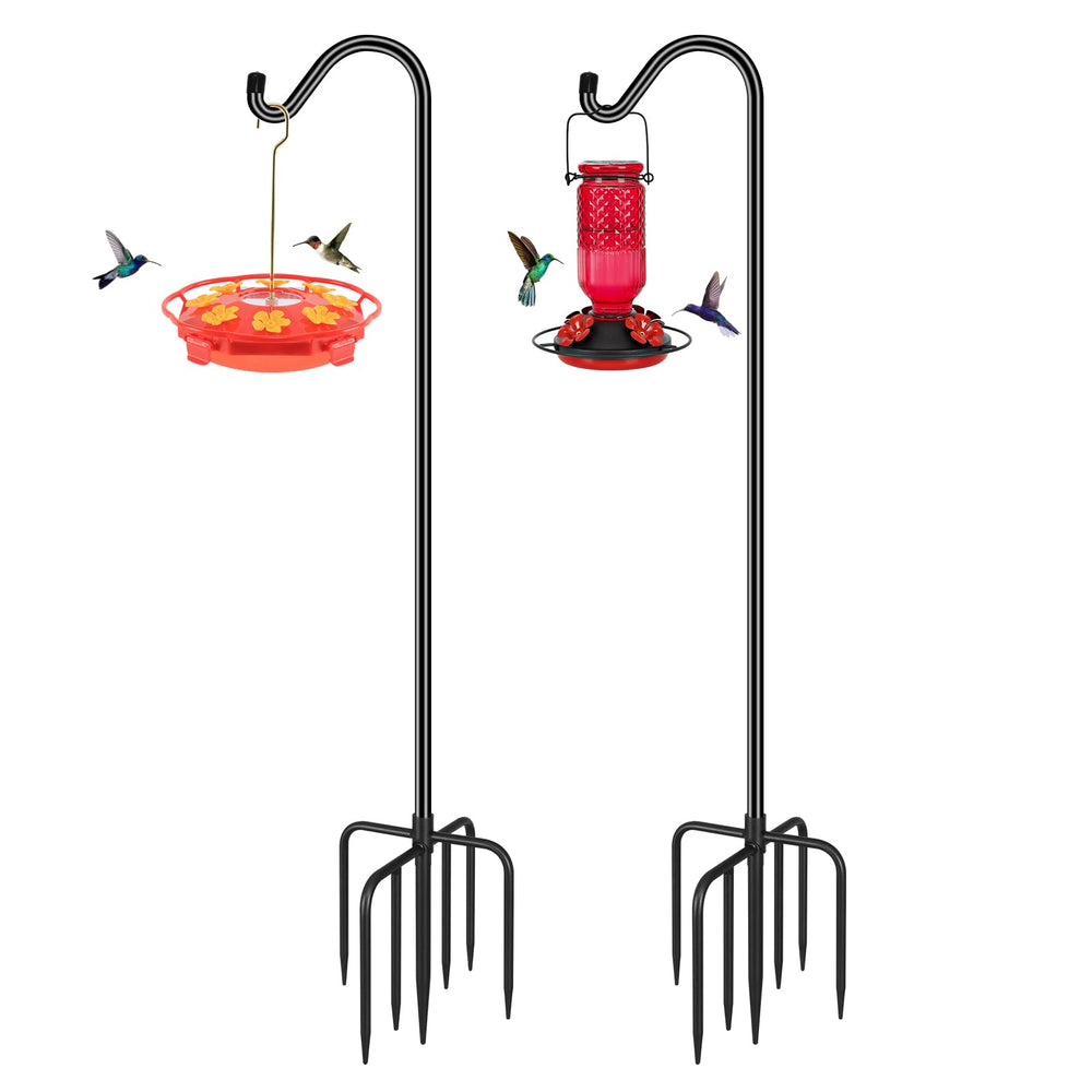 FEED GARDEN full assembled shepherd hooks showing two-pack stability and outdoor display benefit