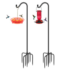 FEED GARDEN full assembled shepherd hooks showing two-pack stability and outdoor display benefit