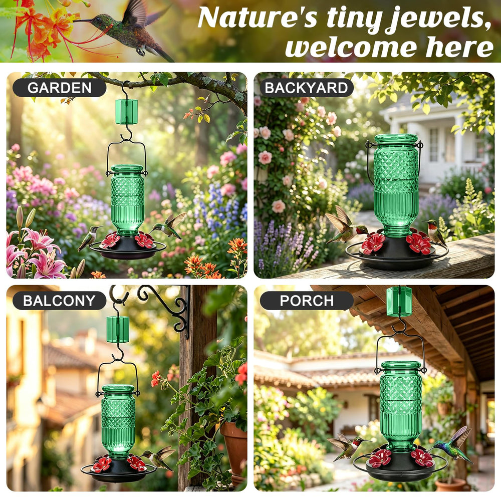 FEED GARDEN feeder hanging in garden among flowers, creates bird-friendly outdoor viewing