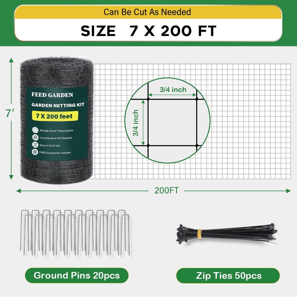 FEED GARDEN netting height compared to young tree showing full 7 ft coverage advantage