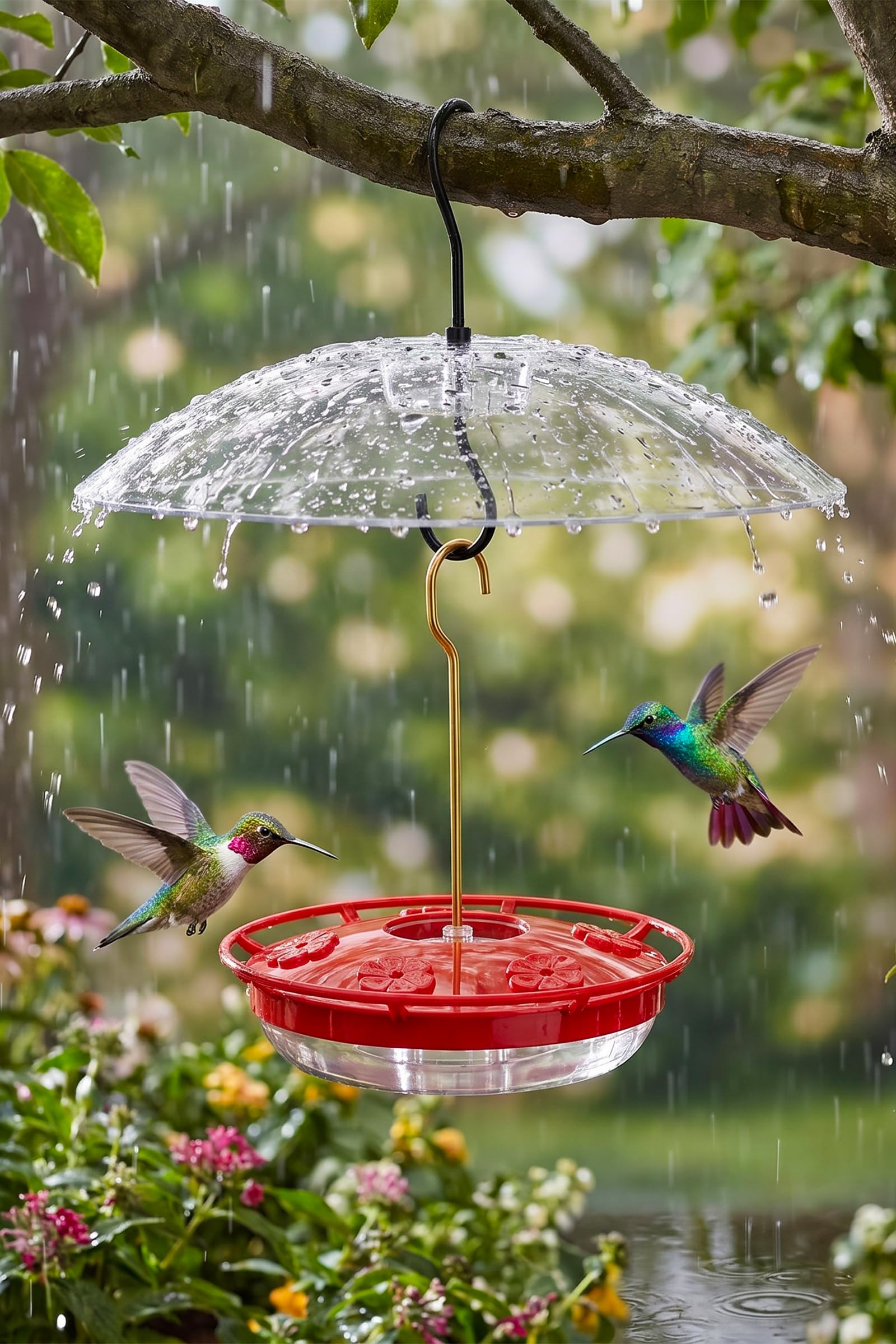 FEED GARDEN front view of feeder attracting hummingbirds and easy refill