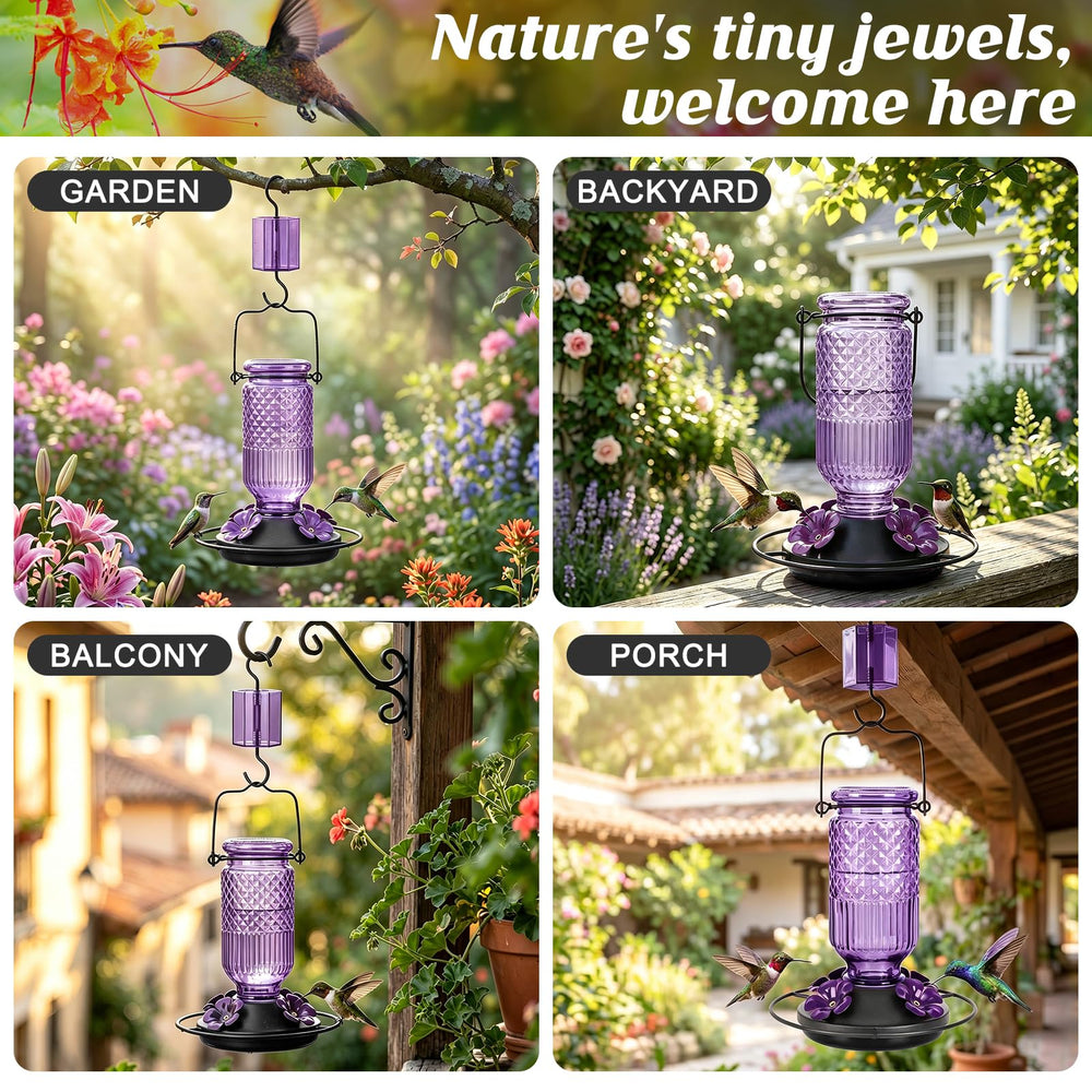 FEED GARDEN feeder in use with hummingbird, demonstrates natural backyard attraction