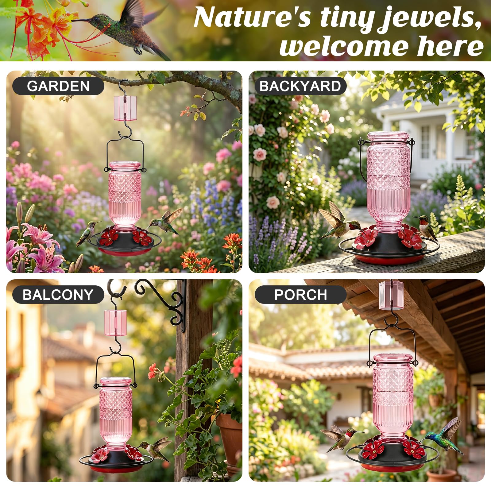 FEED GARDEN hummingbird using feeder highlighting bird-friendly design
