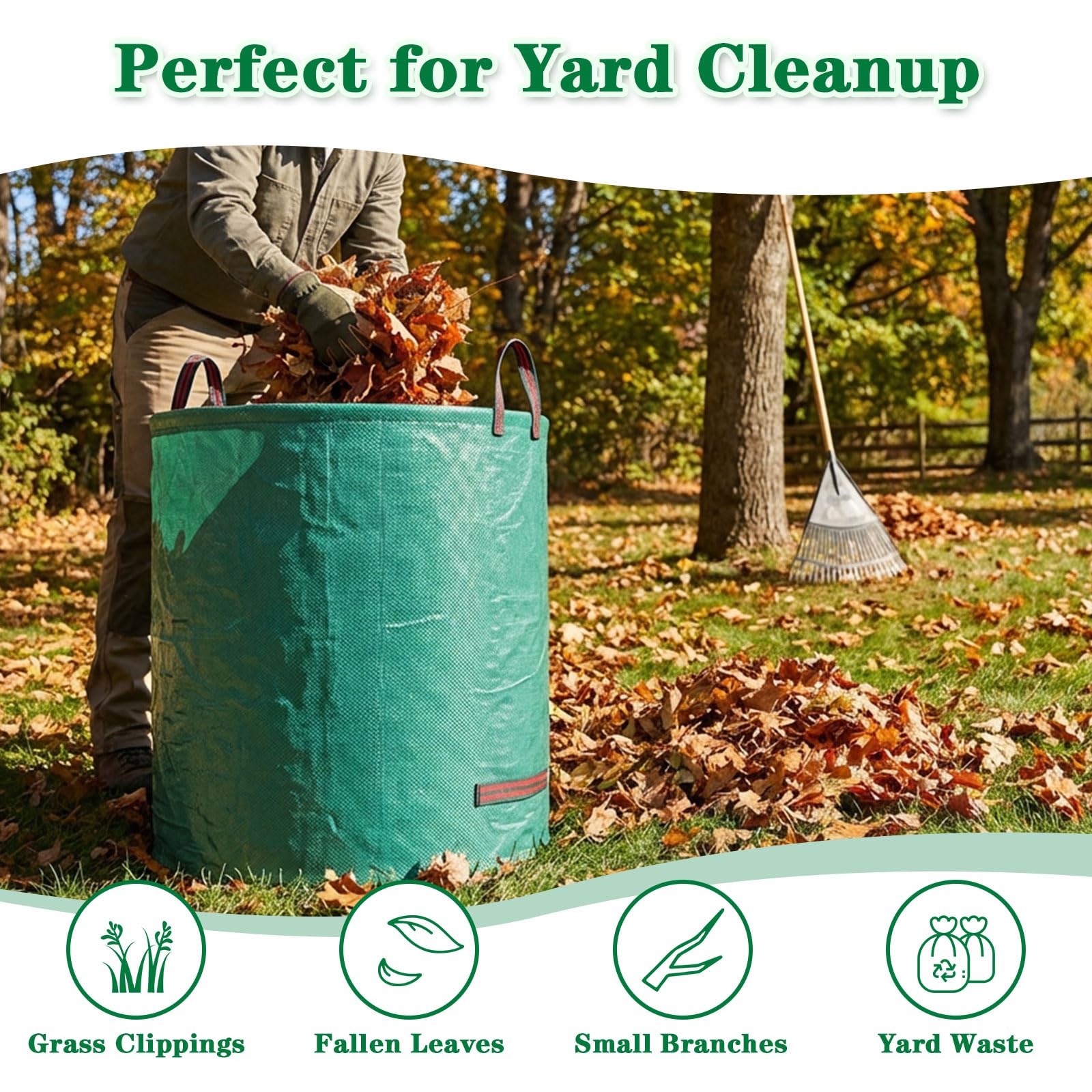 FEED GARDEN in use while raking leaves into bag, speeds yard cleanup