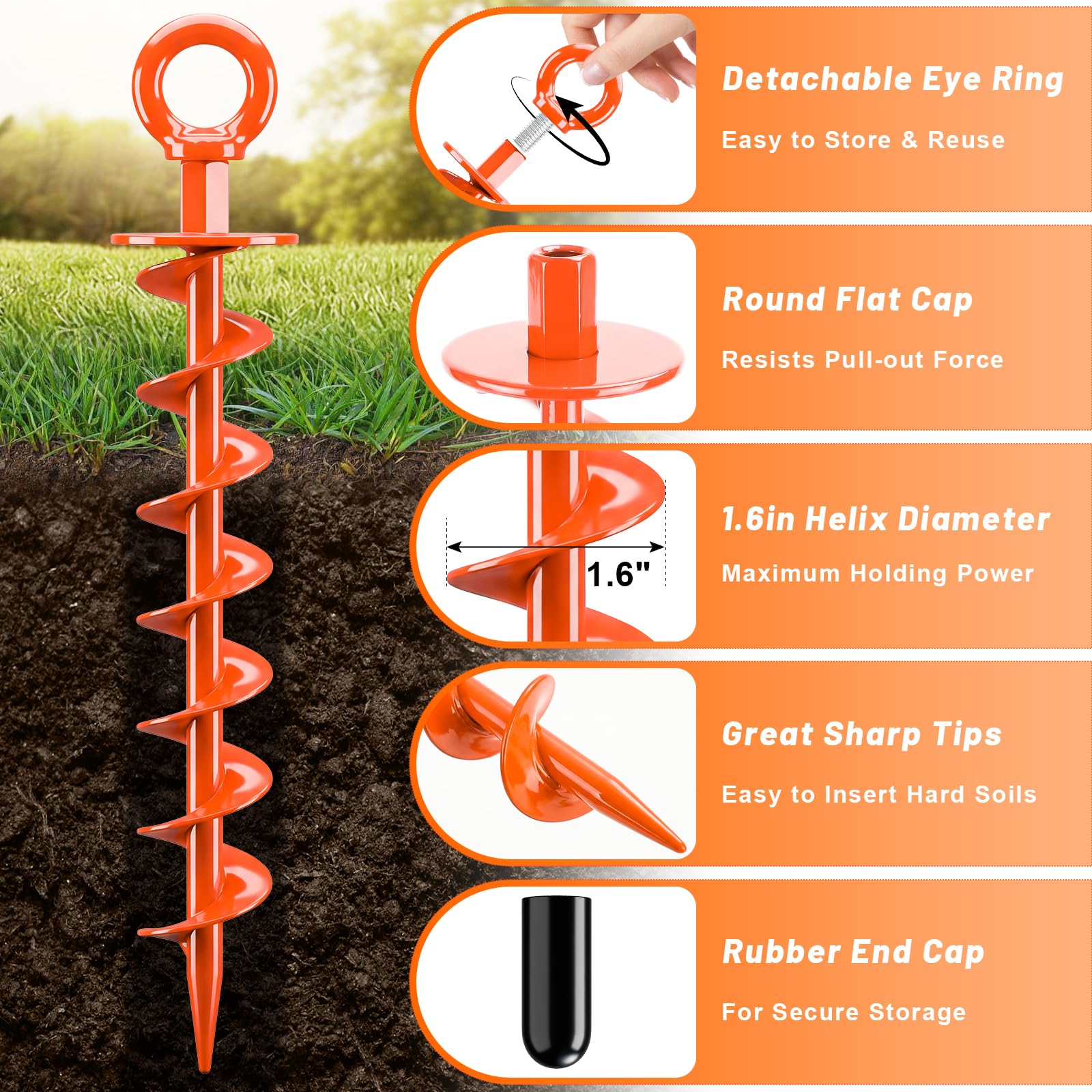 FEED GARDEN anchor next to ruler showing 15-inch length for deeper anchoring leverage