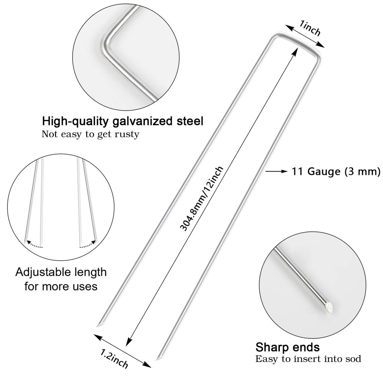 FEED GARDEN staples beside ruler showing 12-inch length, accurate sizing benefit