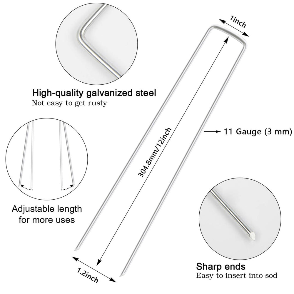 FEED GARDEN staples beside ruler showing 12-inch length, accurate sizing benefit