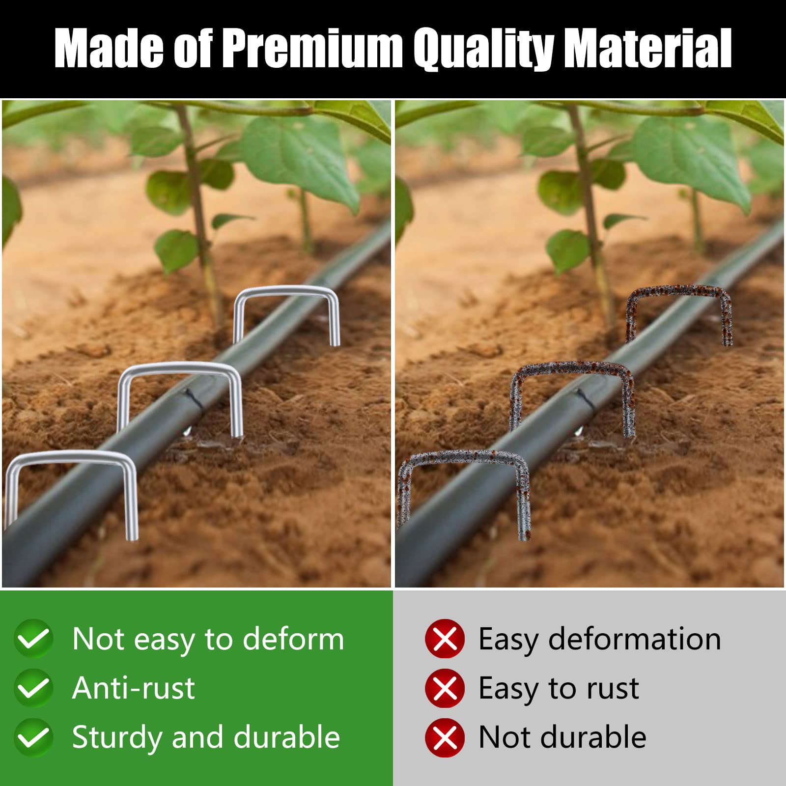 FEED GARDEN 4-inch staples beside ruler showing accurate length benefit
