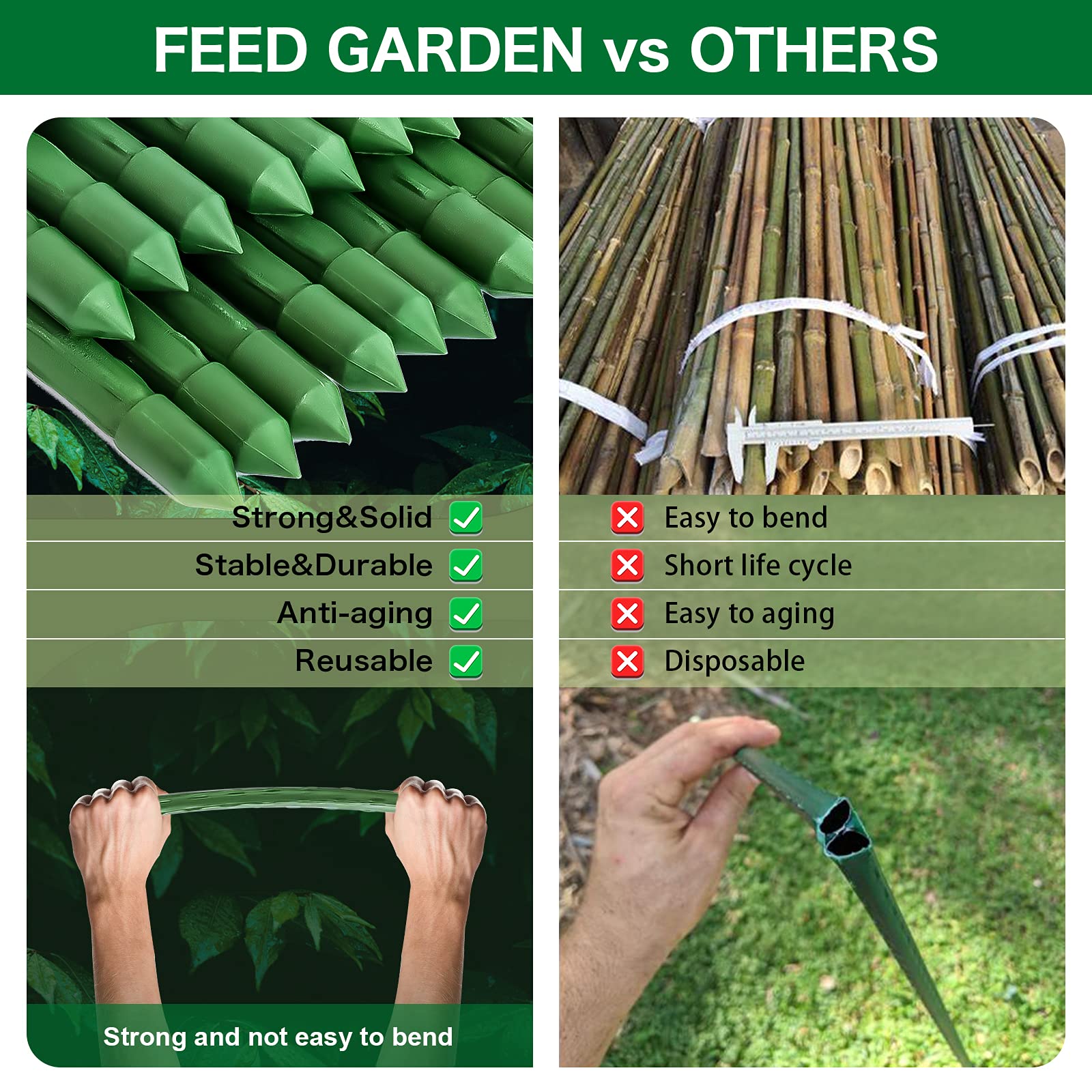 FEED GARDEN stake beside a tape measure illustrating the full six-foot height