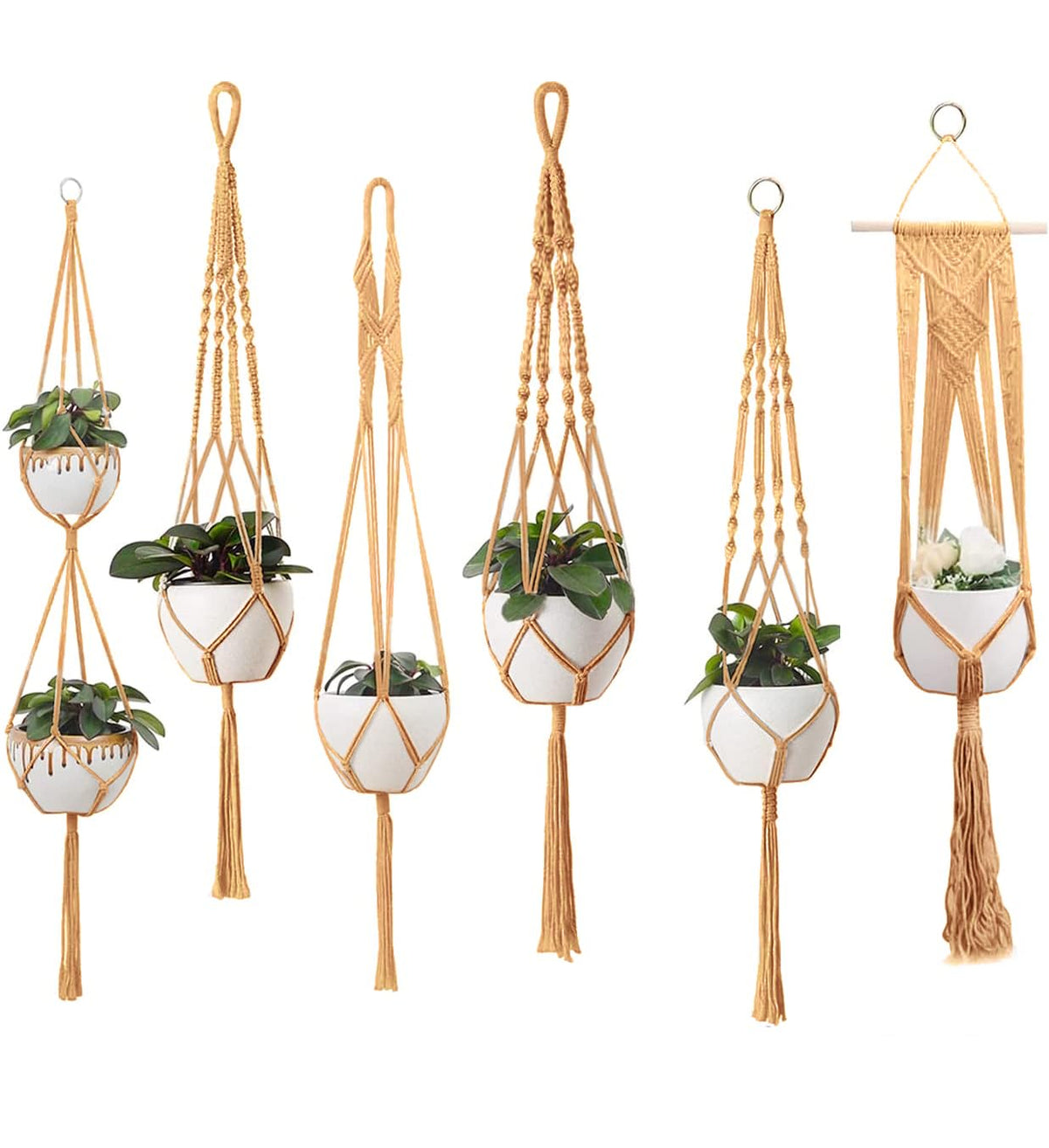 feedee front packaging showing six brown macrame hangers and ready-to-hang benefit