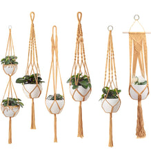feedee front packaging showing six brown macrame hangers and ready-to-hang benefit