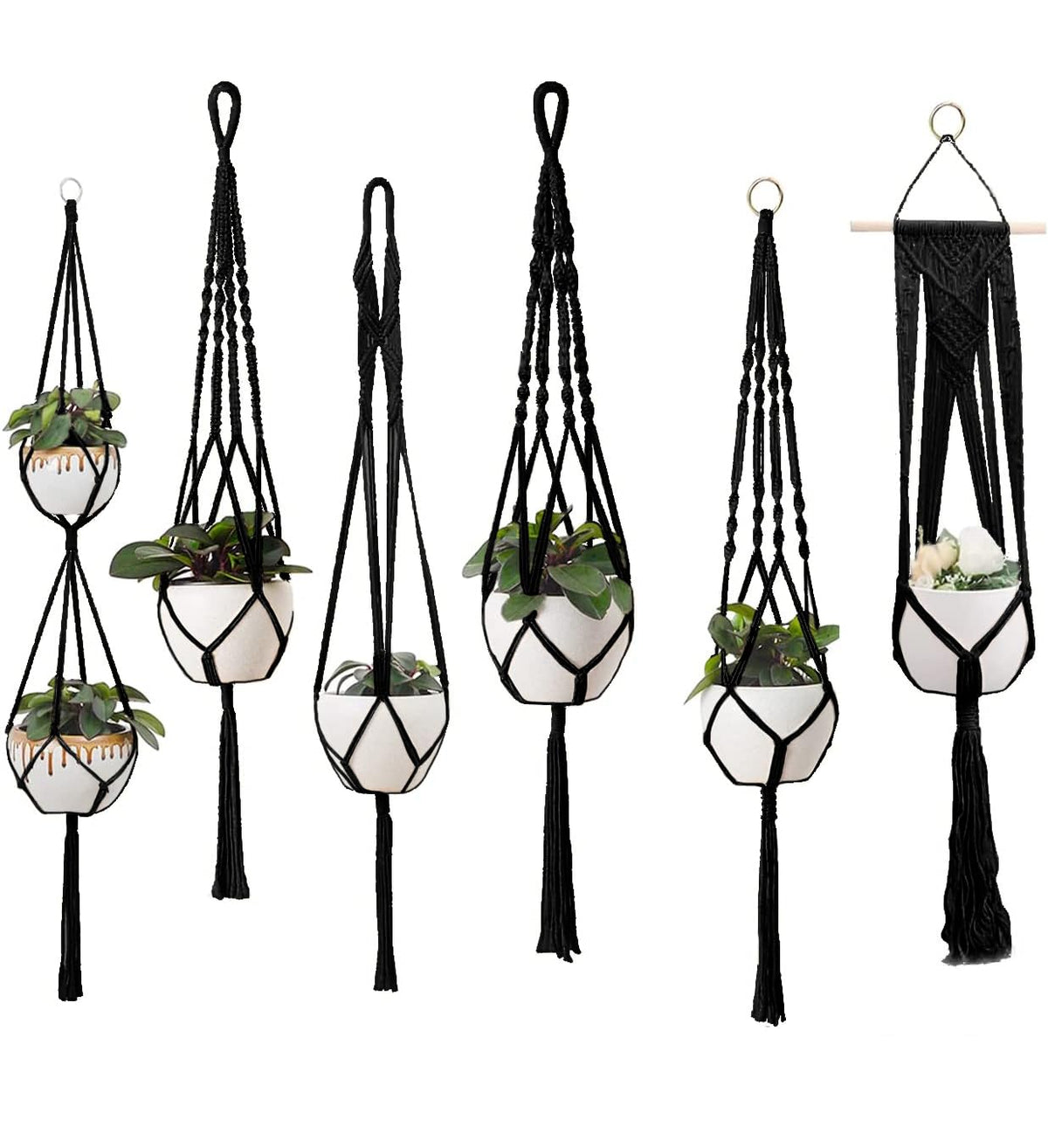 feedee black macrame pack front view showing six hangers and hooks for instant styling