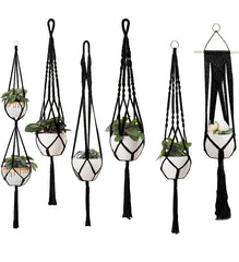feedee black macrame pack front view showing six hangers and hooks for instant styling