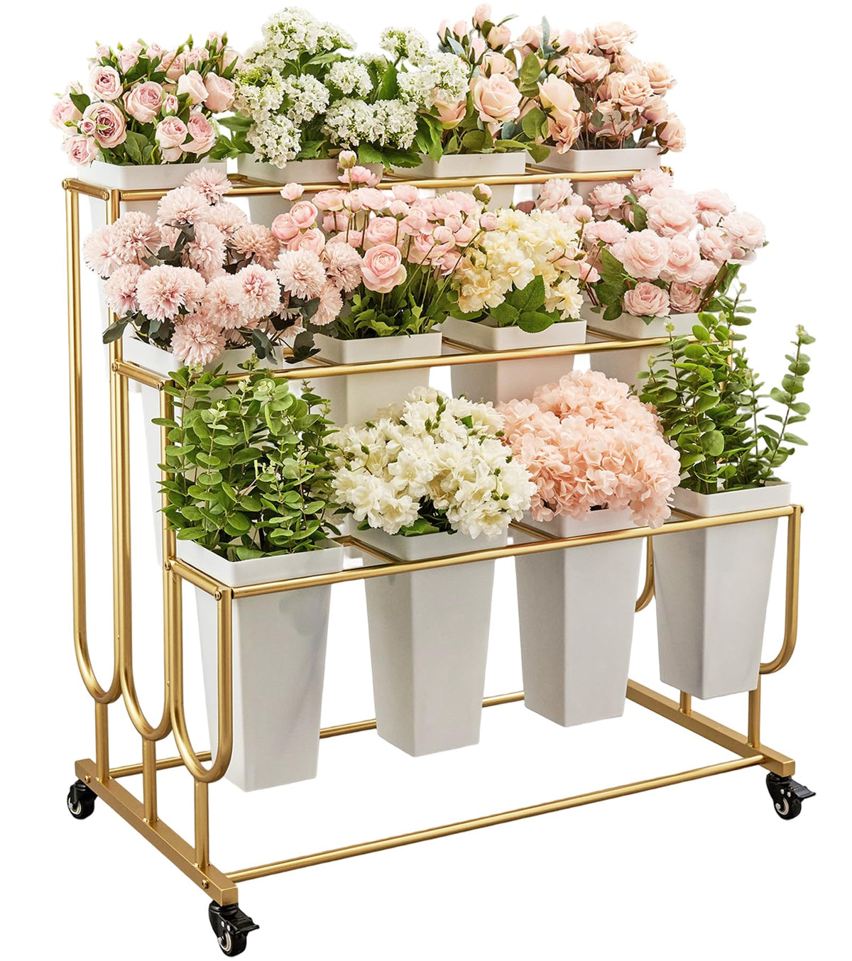 FEFZSFER front view of gold 3-tier cart showcasing organized bouquets and visibility