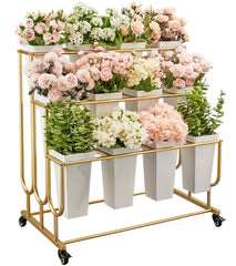 FEFZSFER front view of gold 3-tier cart showcasing organized bouquets and visibility