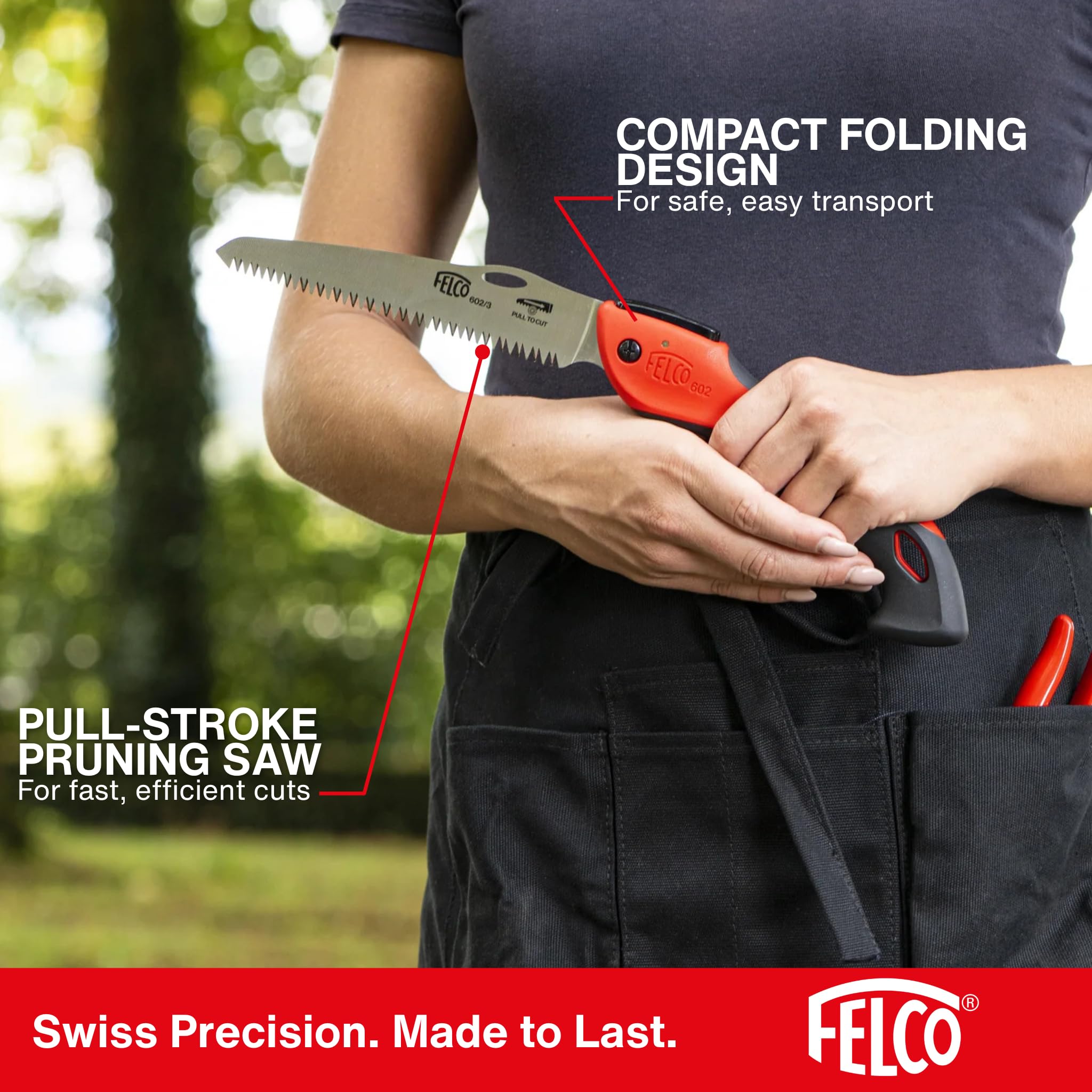FELCO 602 folded next to coin showing scale and lightweight transport benefit