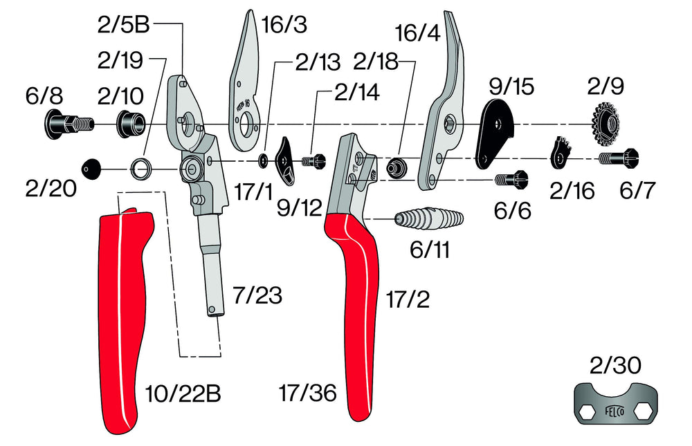 FELCO F17 disassembled parts highlighting replaceable components