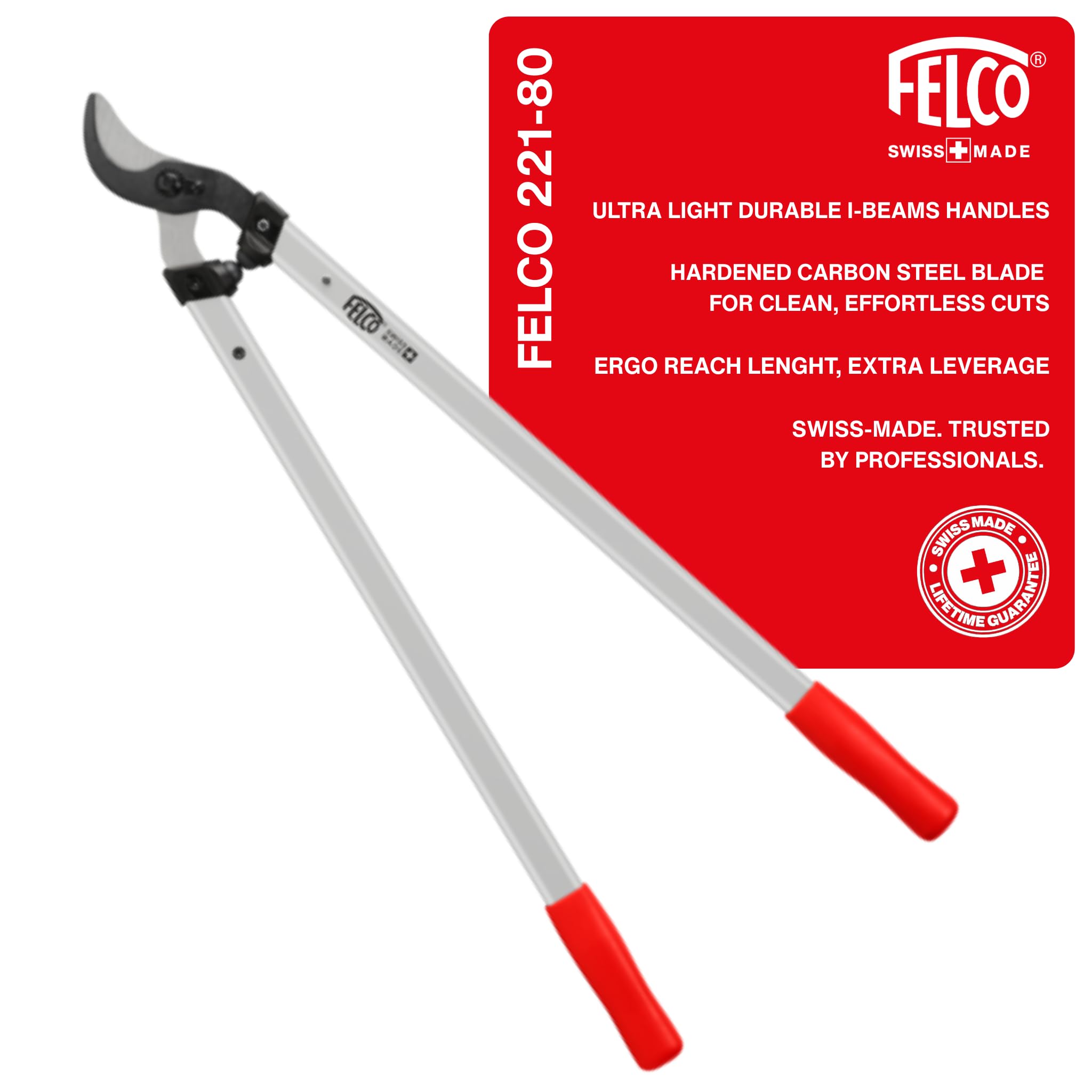FELCO F221-80 front view showing handles and blade, durable design benefits