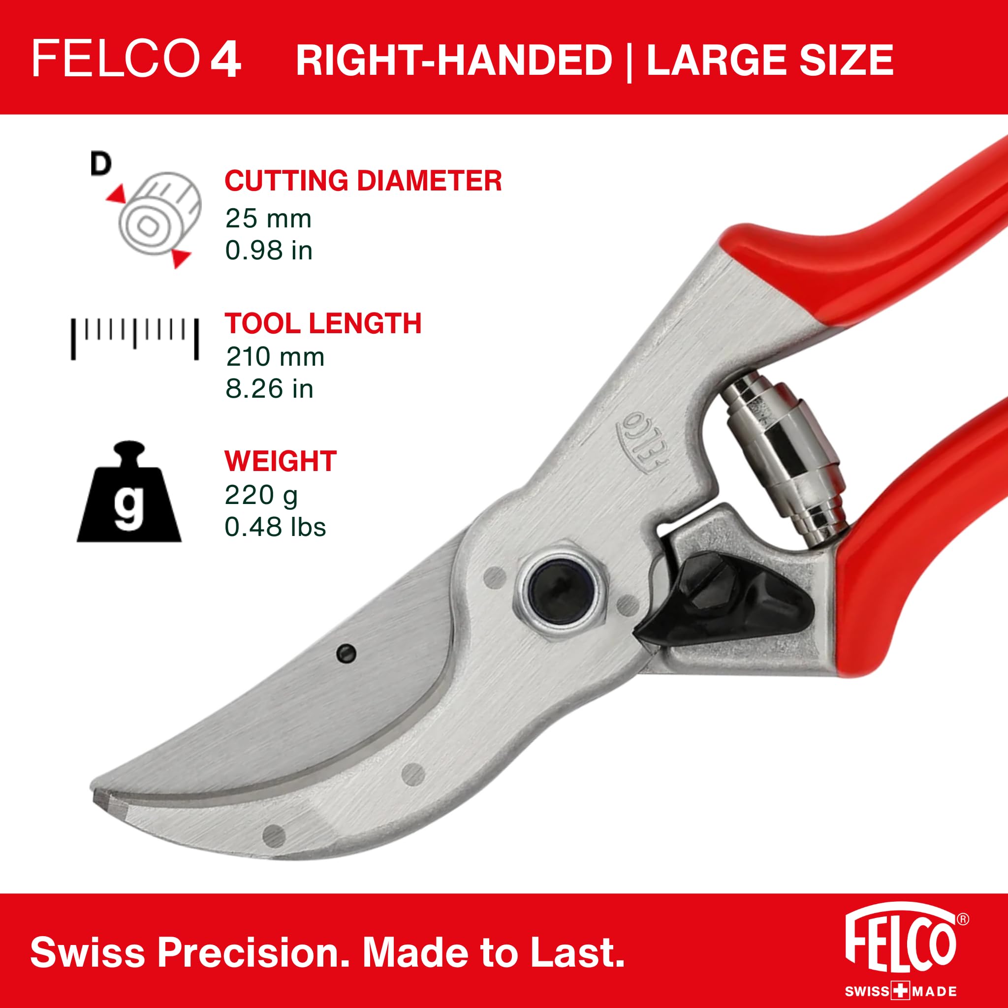 FELCO F4 blade closeup highlighting carbon-steel edge for clean cuts