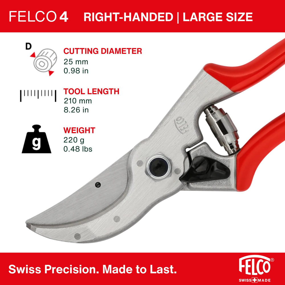FELCO F4 blade closeup highlighting carbon-steel edge for clean cuts