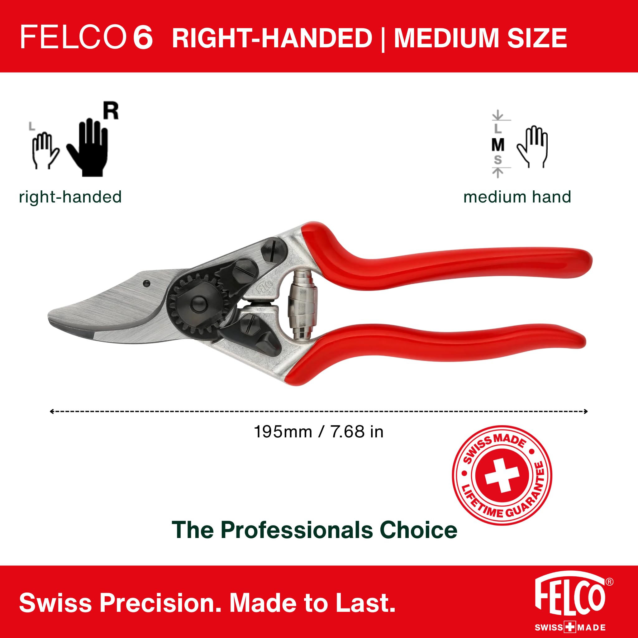 FELCO F6 beside a hand showing correct scale and medium-hand fit
