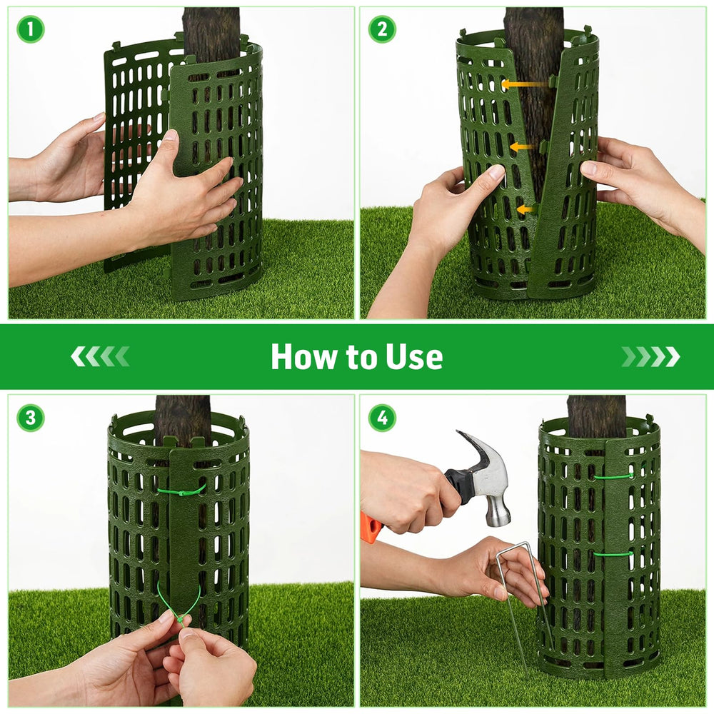 FELISTORY guards linked around a larger tree trunk demonstrating expandable fit and coverage