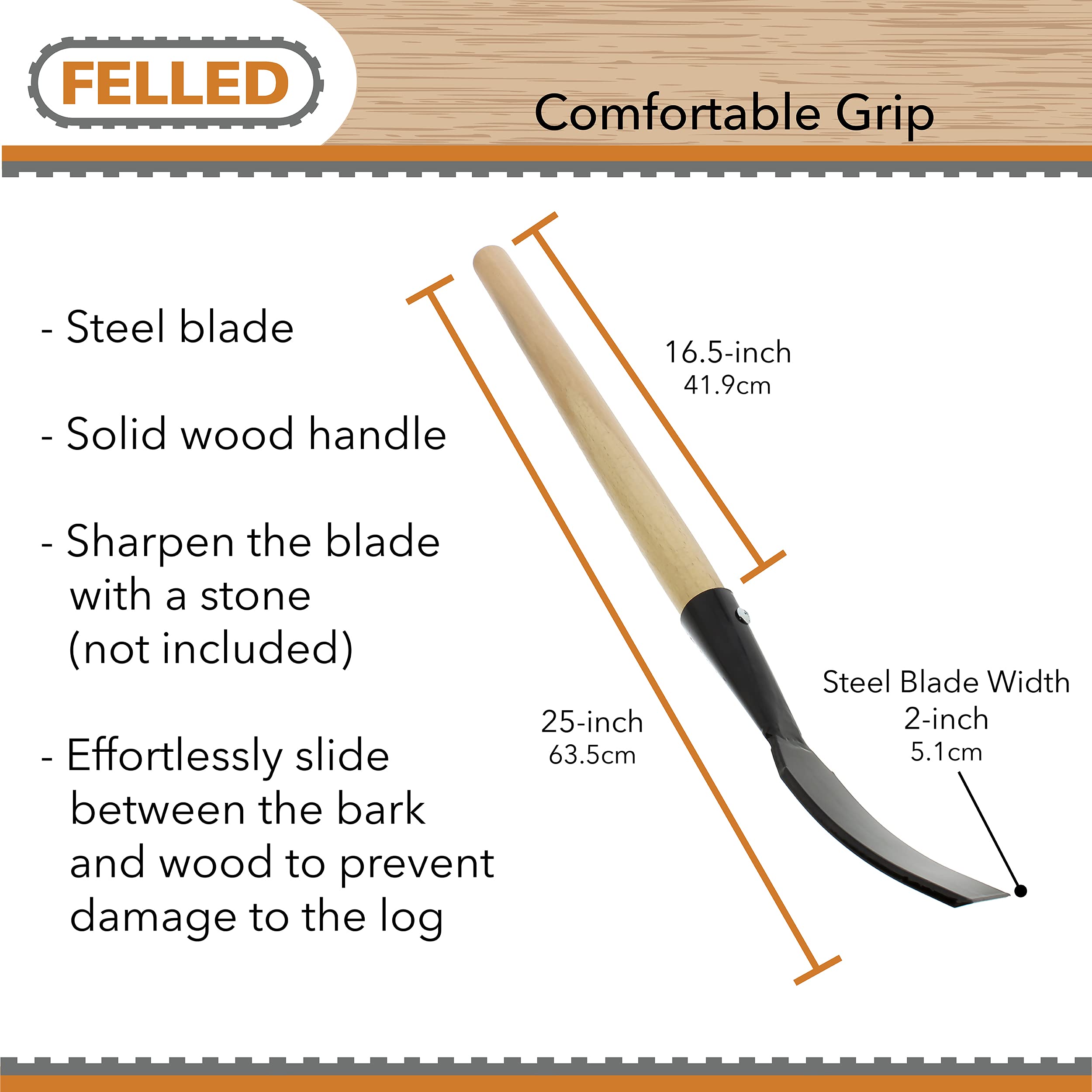 Felled tool in use stripping bark from log for efficient prep