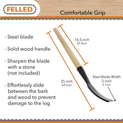 Felled tool in use stripping bark from log for efficient prep