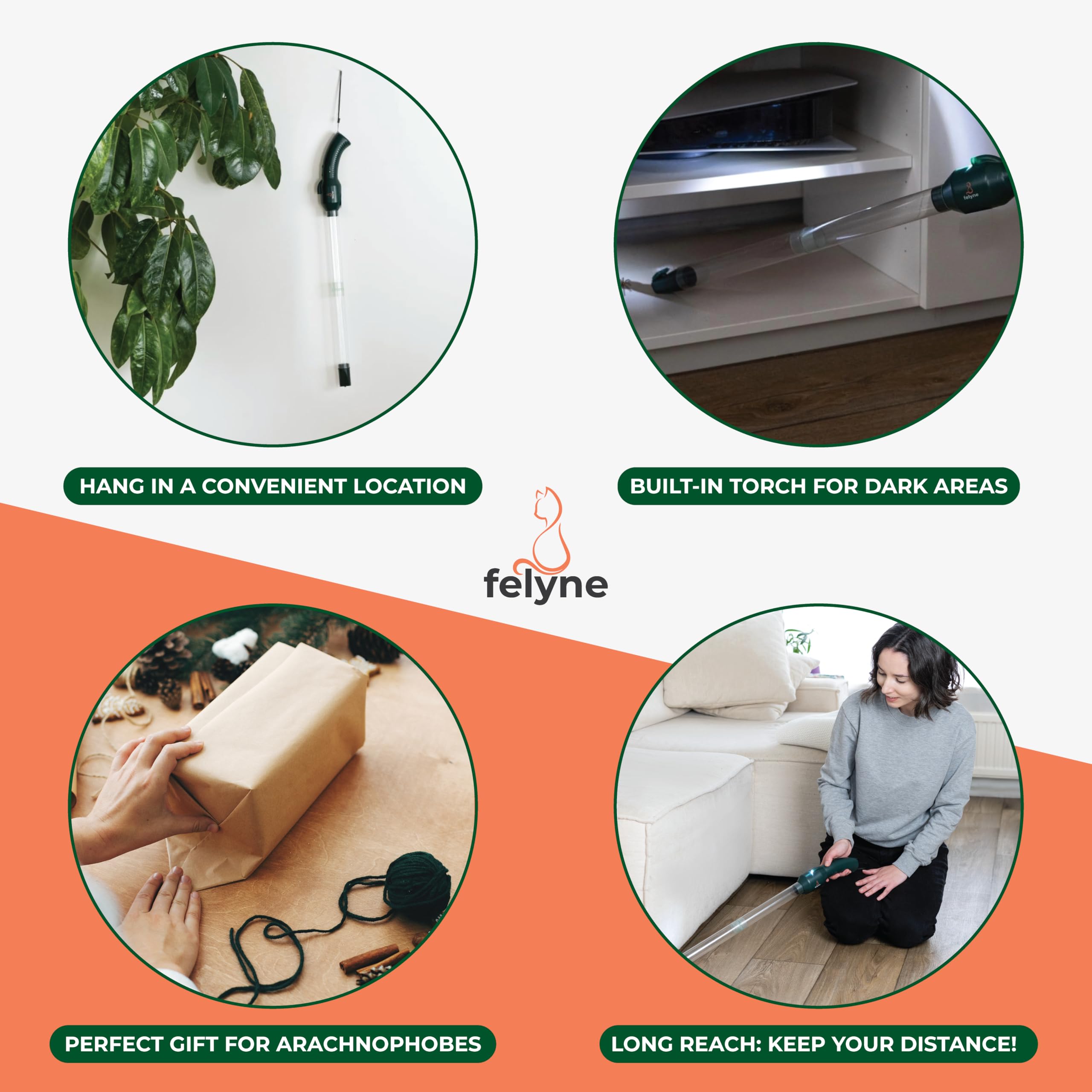 Felyne vacuum in use under sofa showing access to hidden pests benefit