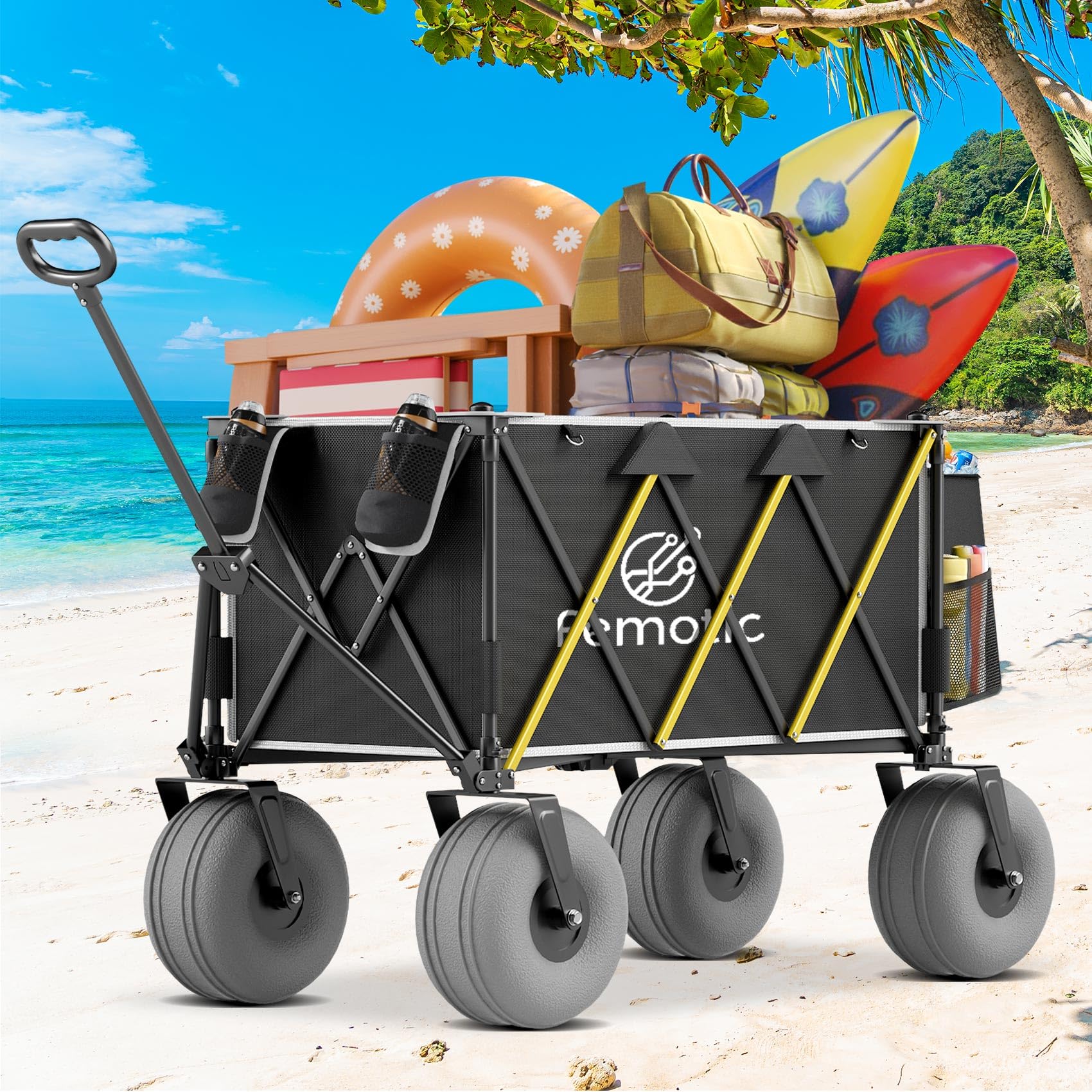 Femotic front view of black beach wagon showing sturdy frame and roomy cargo benefit ease of hauling