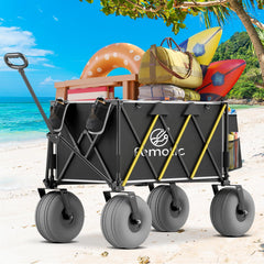 Femotic front view of black beach wagon showing sturdy frame and roomy cargo benefit ease of hauling