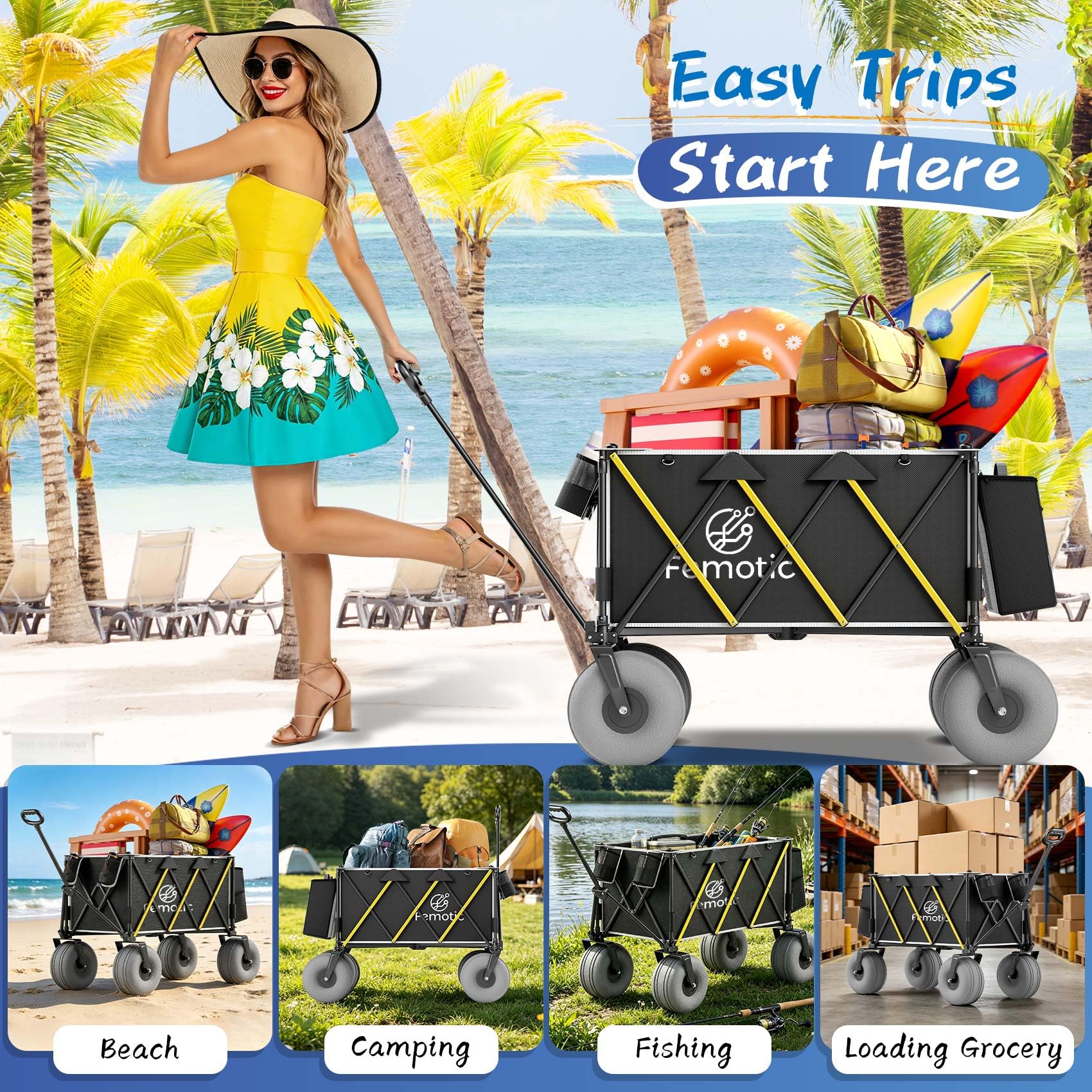 Femotic lifestyle camping setup with wagon next to tent showing versatility and outdoor organization