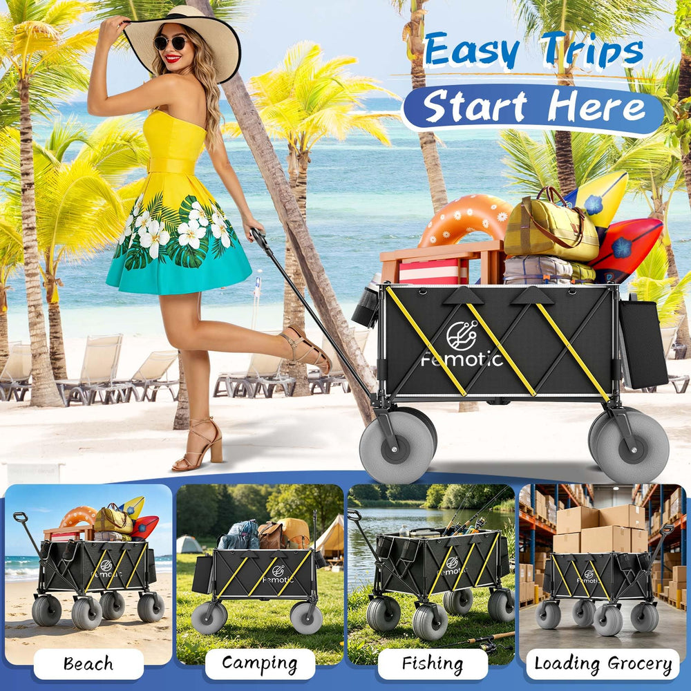 Femotic lifestyle camping setup with wagon next to tent showing versatility and outdoor organization