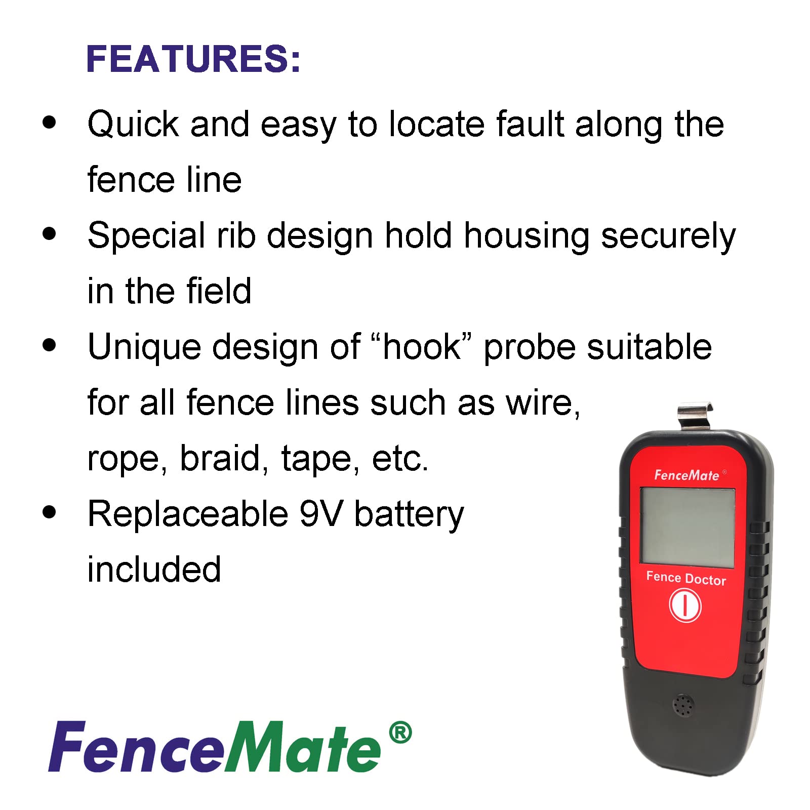 FenceMate close-up LCD screen displaying voltage and current for clear diagnostics