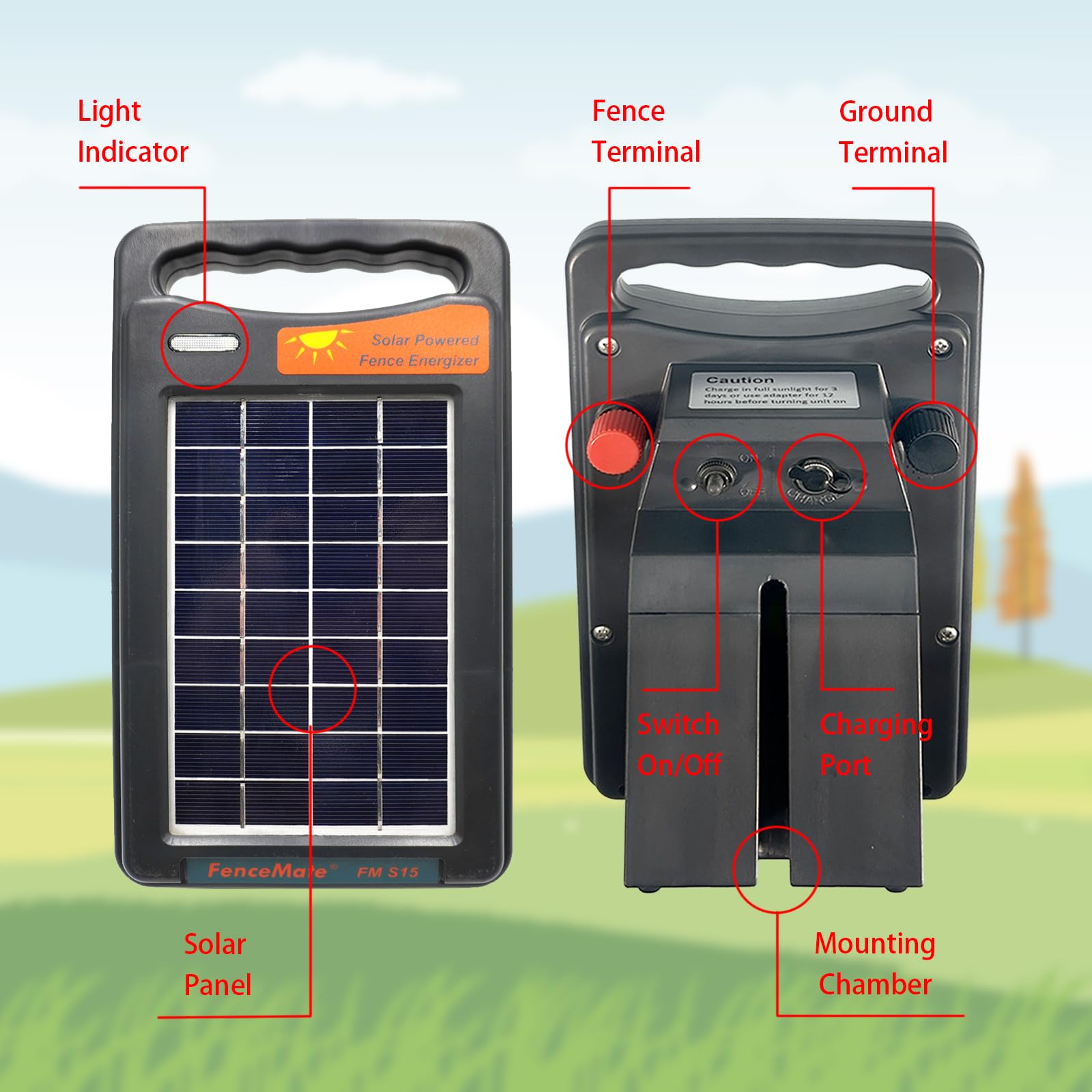 FenceMate close-up of 3W solar panel highlighting reliable charging advantage