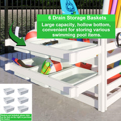 FENCETECH basket placed in pool organizer holding goggles and toys for easy access