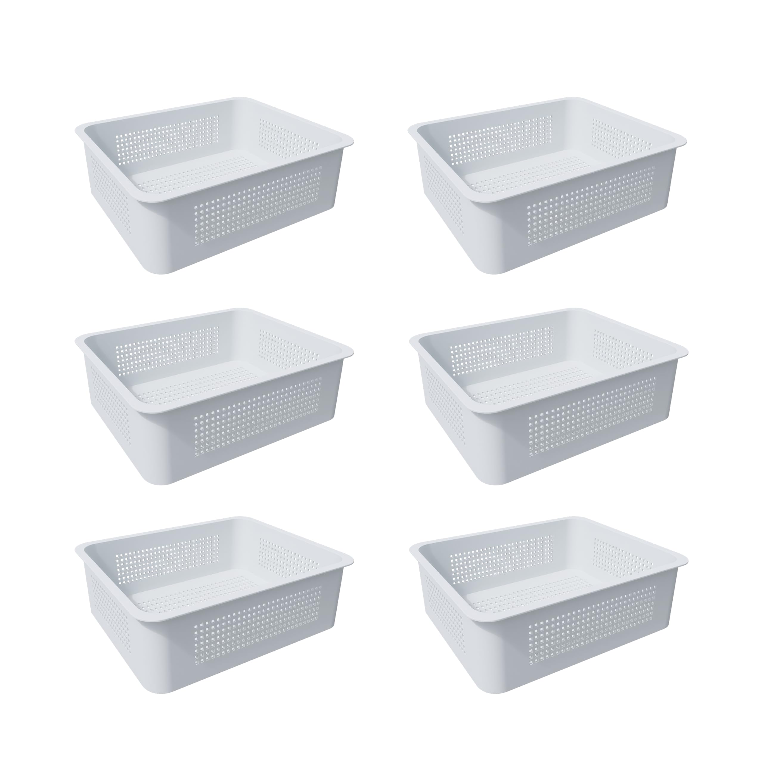 FENCETECH front view of six white baskets showing neat poolside storage benefits