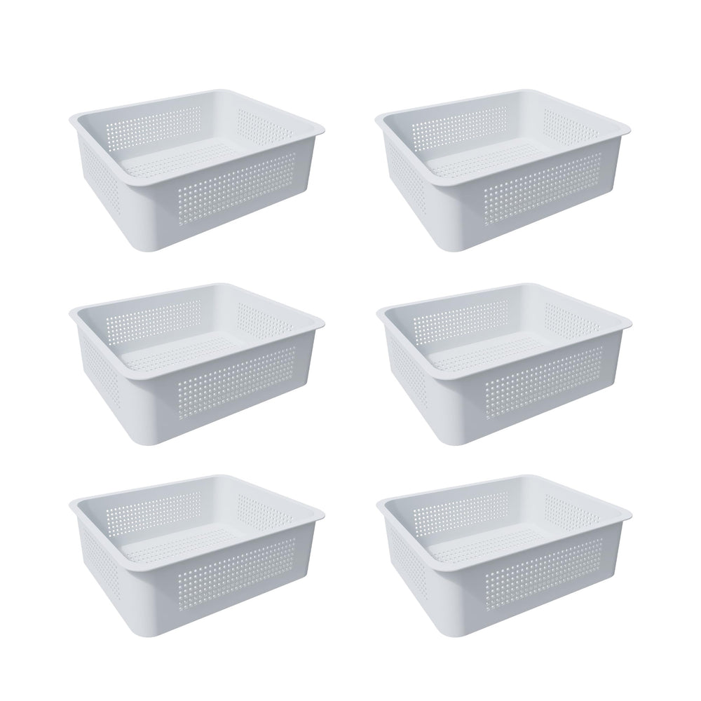 FENCETECH front view of six white baskets showing neat poolside storage benefits