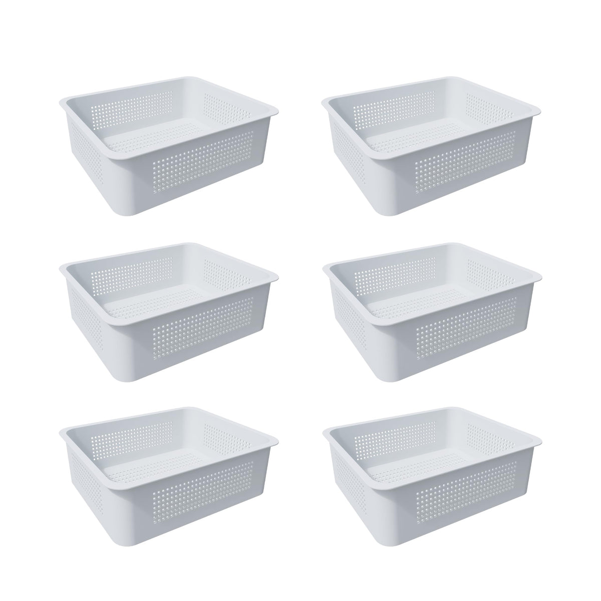 FENCETECH front view of six white baskets showing neat poolside storage benefits