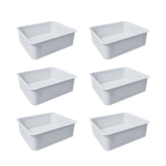 FENCETECH front view of six white baskets showing neat poolside storage benefits
