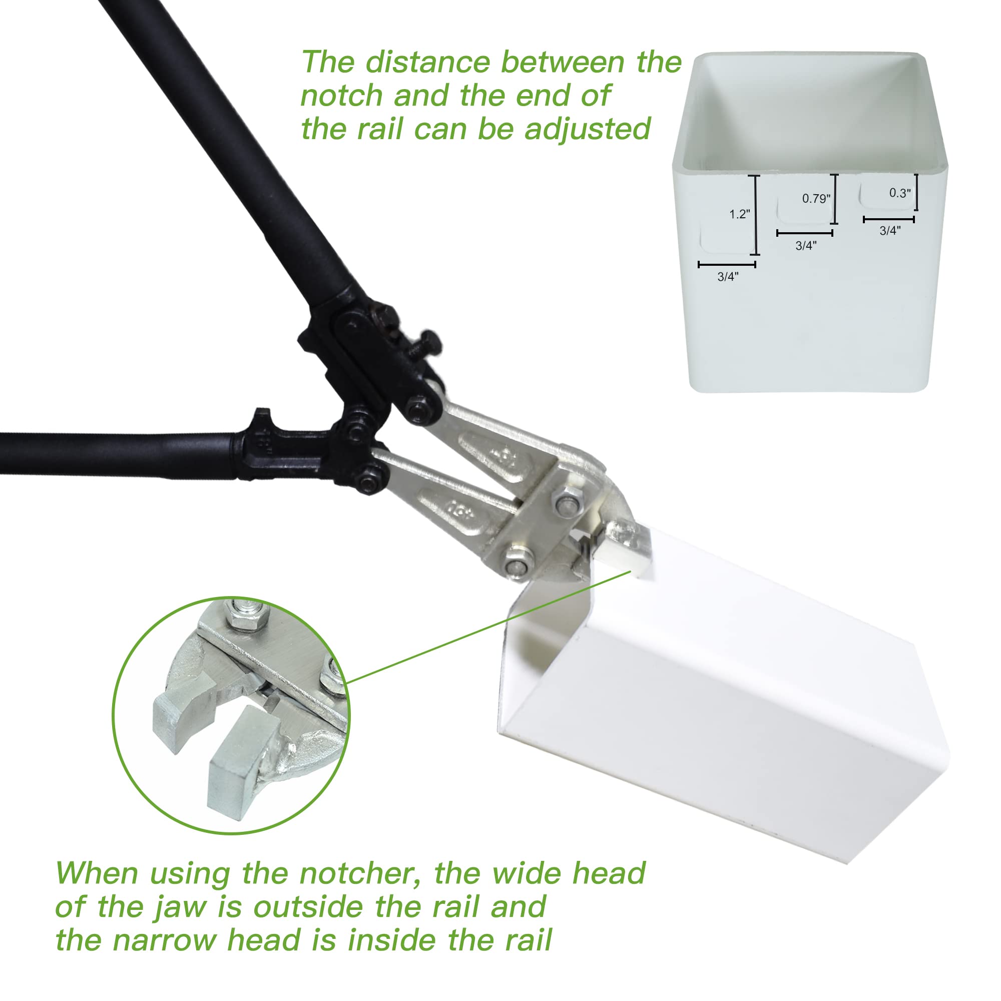 FENCETECH notcher head closeup showing cold-drawn steel and precise 3/4" notch benefit