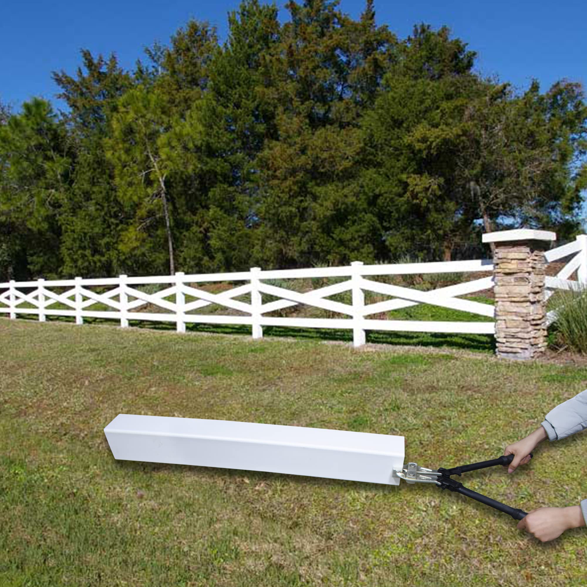 FENCETECH notcher on a jobsite with fence panels showing faster installation benefit