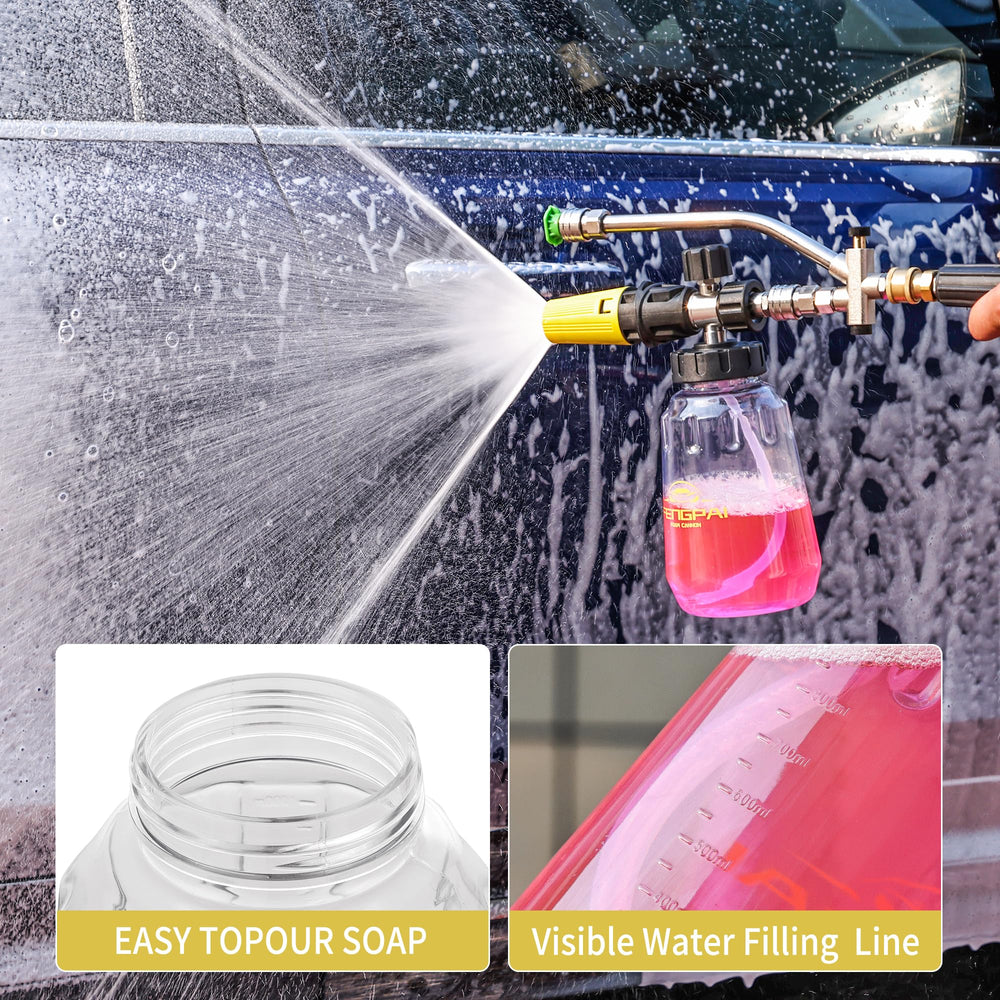 FENG PAI foam cannon spraying thick foam on a car for efficient pre-wash coverage