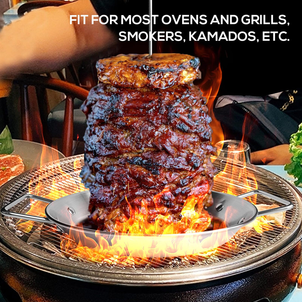 Fengzhe in use on charcoal grill adding smoky flavor to stacked meat