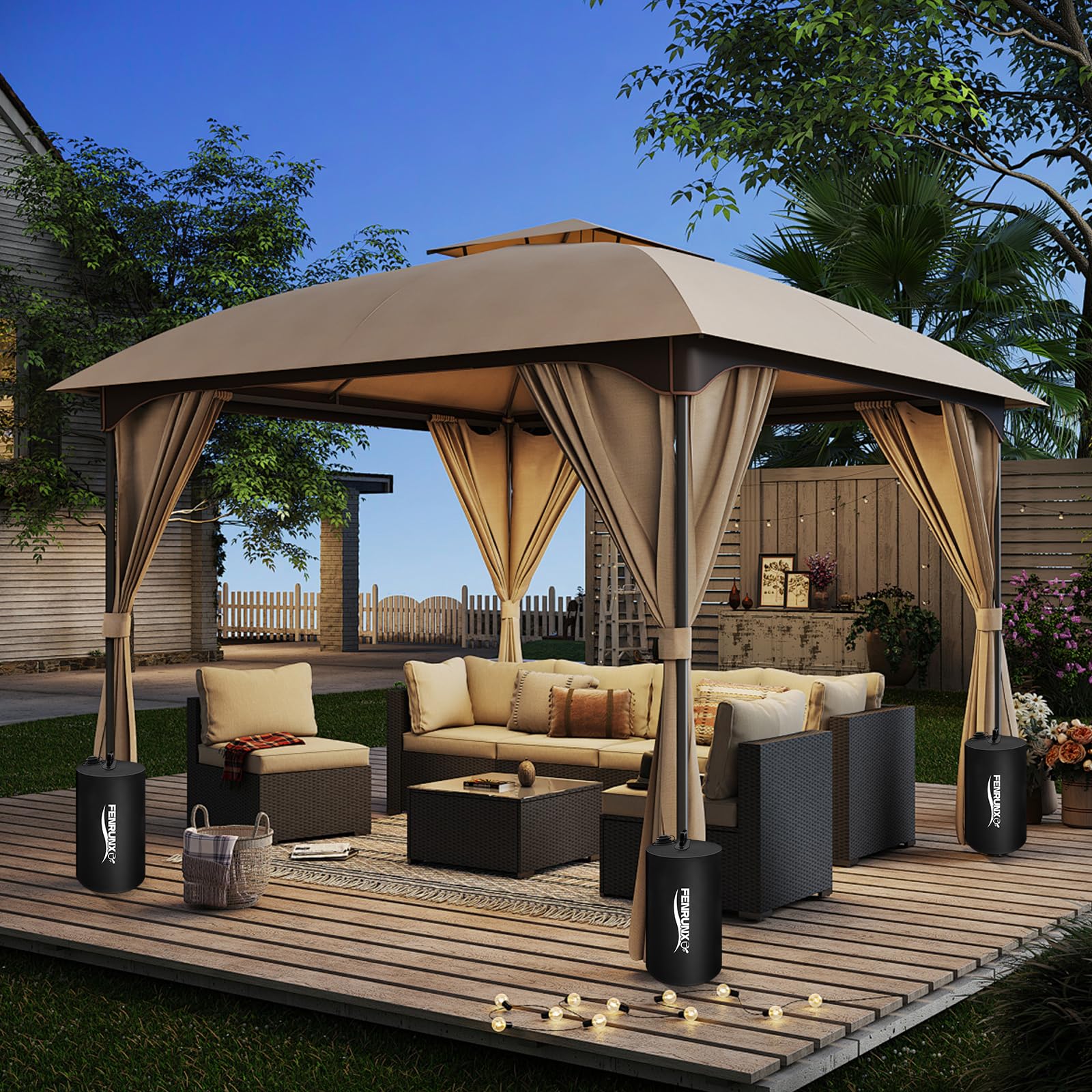 FENRUNXU weights stabilizing a market booth to prevent canopy movement